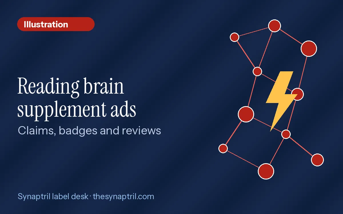 Illustration card titled Reading brain supplement ads, about claims, badges and reviews