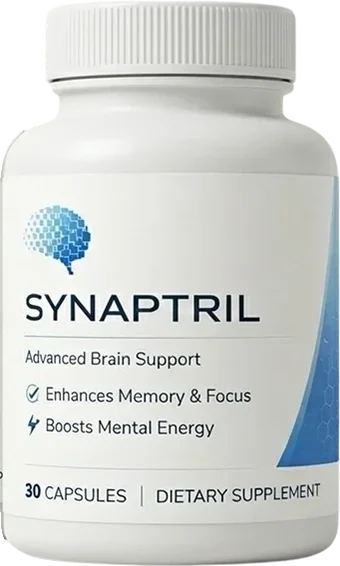 A white Synaptril bottle: blue dotted-brain logo, SYNAPTRIL, Advanced Brain Support, Enhances Memory and Focus, Boosts Mental Energy, 30 capsules