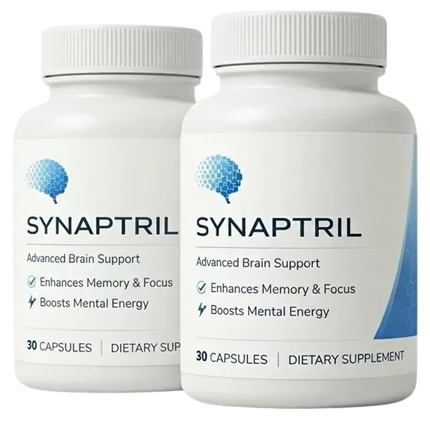 2 white Synaptril bottles with the blue brain logo, 30 capsules each