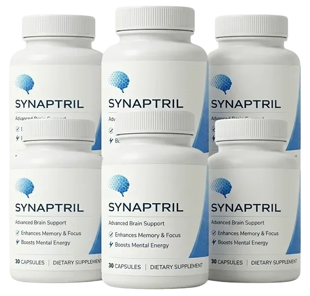 6 white Synaptril bottles with the blue brain logo, 30 capsules each