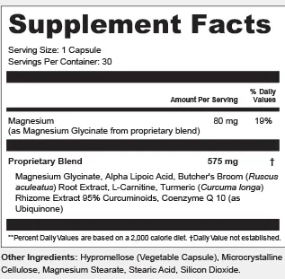 The Synaptril Supplement Facts panel: serving size 1 capsule, 30 servings, magnesium 80 mg 19%, proprietary blend 575 mg and the other ingredients