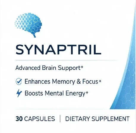 The front panel of the Synaptril label: a blue dotted-brain logo, SYNAPTRIL, Advanced Brain Support, Enhances Memory and Focus, Boosts Mental Energy, 30 capsules, dietary supplement