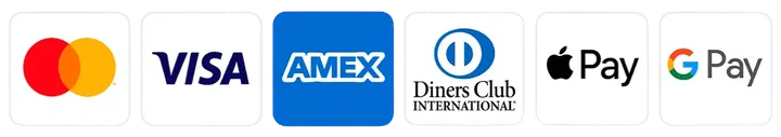 Payment logos: Mastercard, Visa, American Express, Diners Club, Apple Pay and Google Pay