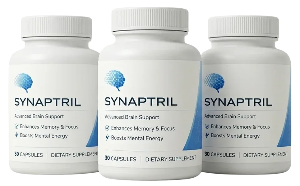 3 white Synaptril bottles with the blue brain logo, 30 capsules each