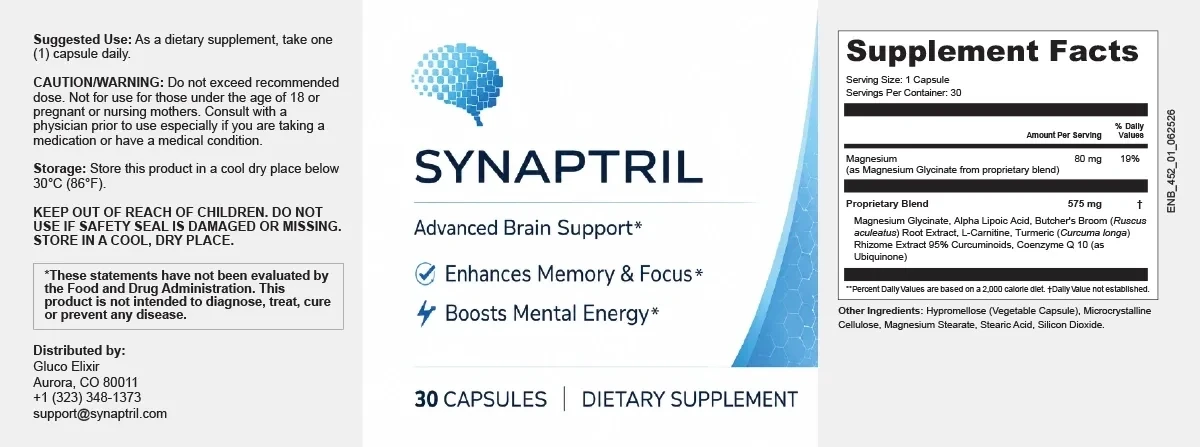 The flat Synaptril label: suggested use and cautions on the left, SYNAPTRIL and three claims in the middle, Supplement Facts on the right